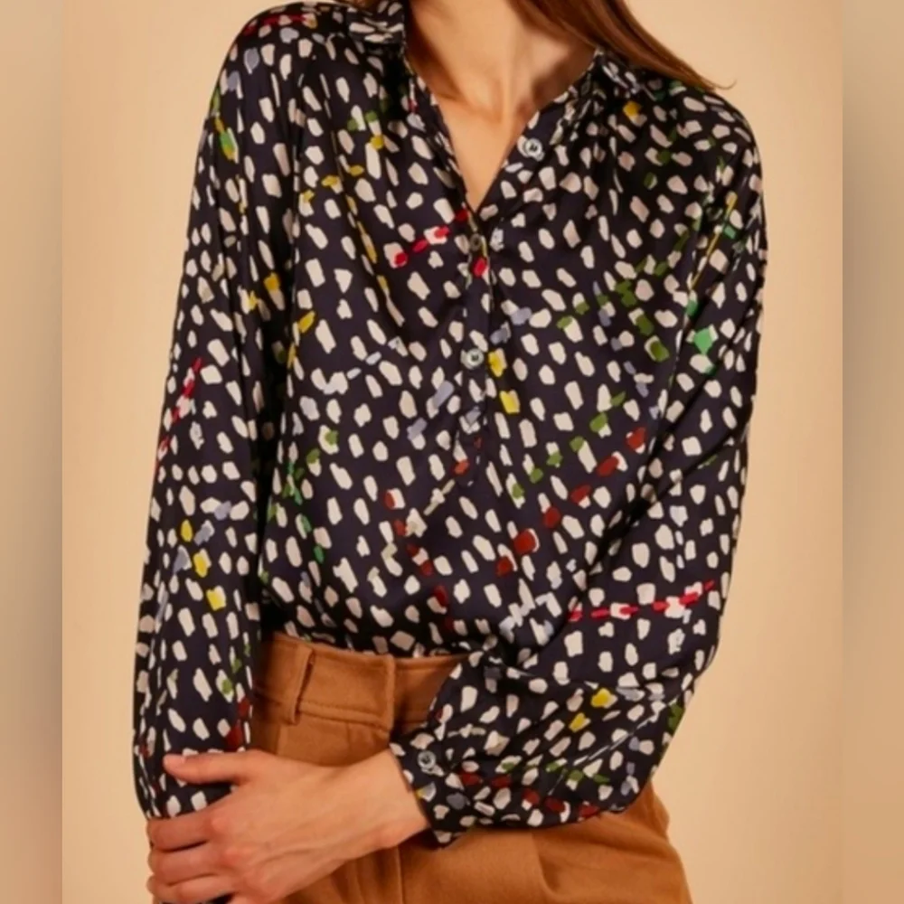 FRNCH Paris Womens Abstract Satin‎ Button Up Henly Blouse Size X-Small
